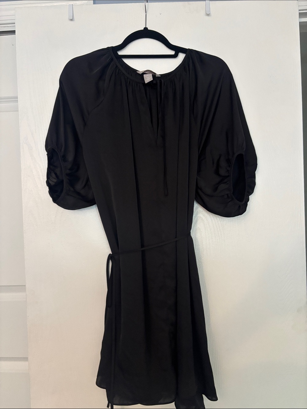 H&M Black Tie-Waist Puff Sleeve Mini Dress